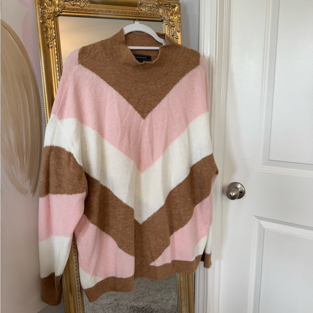BCBGMaxAzria Pink and Brown Chevron Turtleneck Sweater